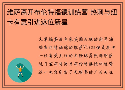 维萨离开布伦特福德训练营 热刺与纽卡有意引进这位新星