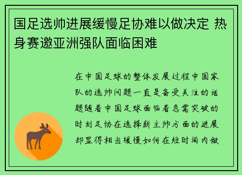 国足选帅进展缓慢足协难以做决定 热身赛邀亚洲强队面临困难