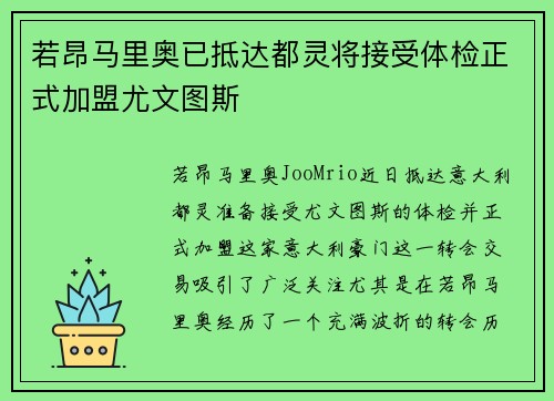 若昂马里奥已抵达都灵将接受体检正式加盟尤文图斯