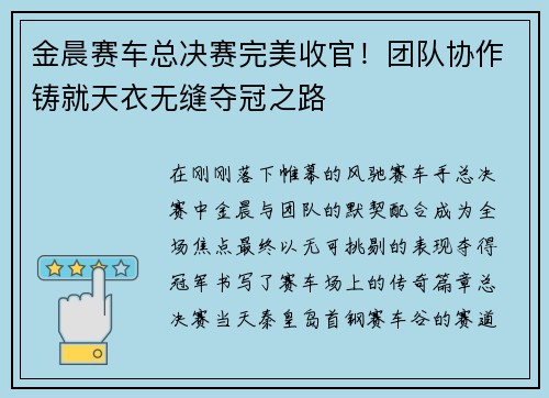 金晨赛车总决赛完美收官！团队协作铸就天衣无缝夺冠之路