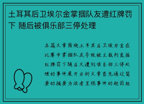 土耳其后卫埃尔金掌掴队友遭红牌罚下 随后被俱乐部三停处理